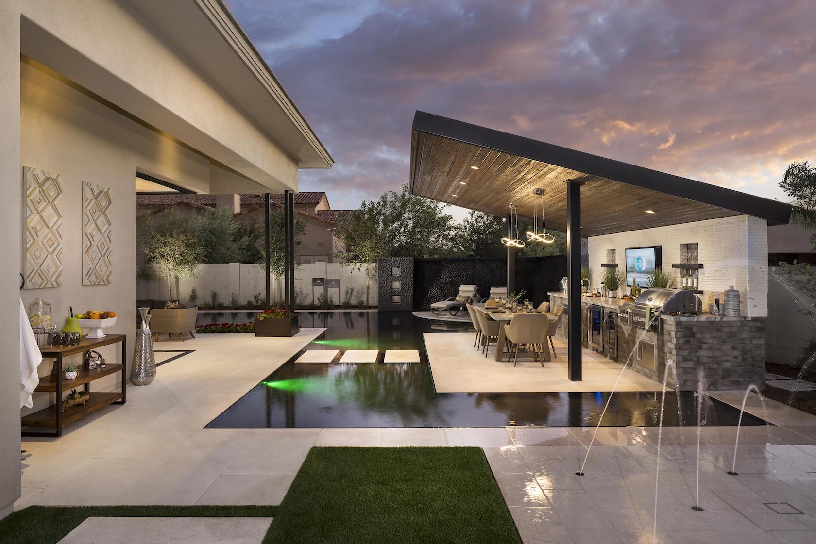 Backyard bar in an outdoor living space of suburban home