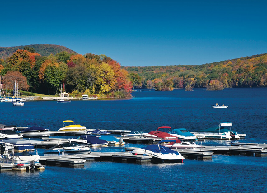 Boats docked at Candlewood Lake