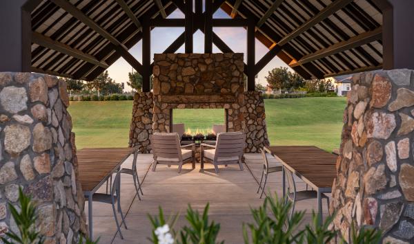 Community pavilion with outdoor fireplace