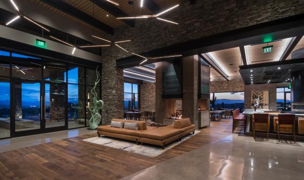 Mountain House Lodge lobby, bar, and Four Peaks Terrace beyond