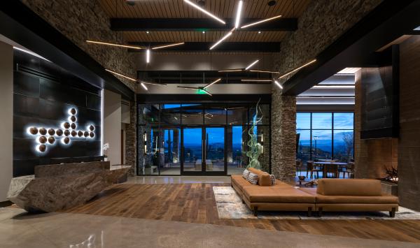 Mountain House Lodge lobby with dual-sided fireplace