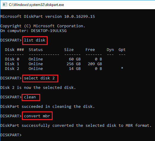 convert the USB drive to an MBR disk