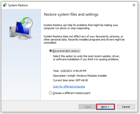 select Recommended restore point
