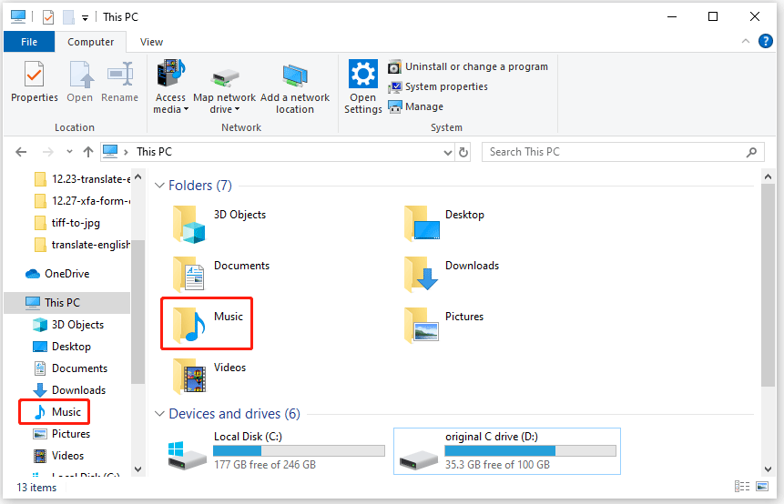 Music folder in Windows File Explorer