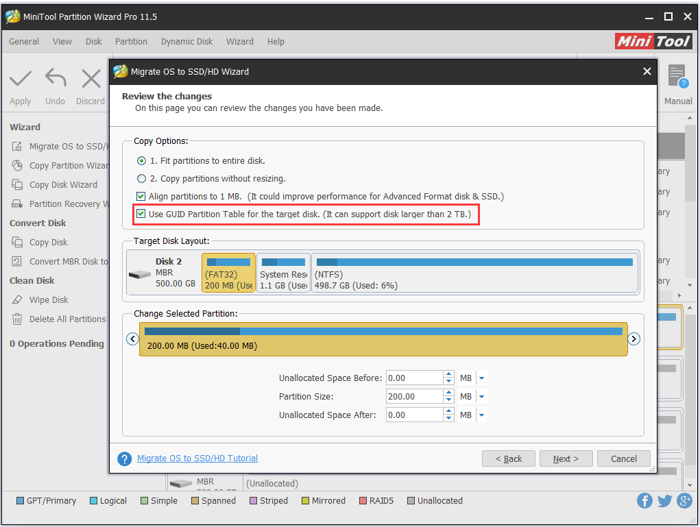 review changes on the target disk