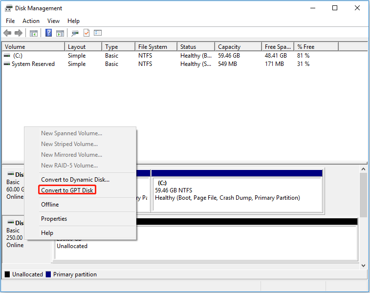 convert to GPT disk in Disk Management