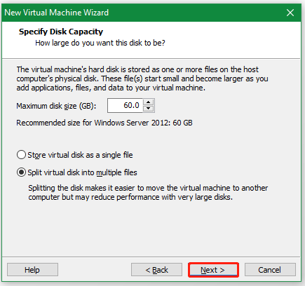 specify disk capacity for the VM