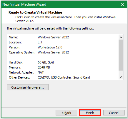 click Finish to ready to create virtual machine