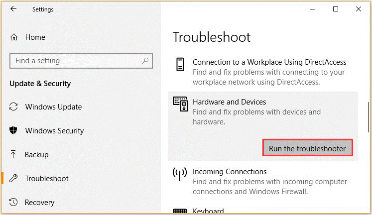 run Hardware and Devices troubleshooter