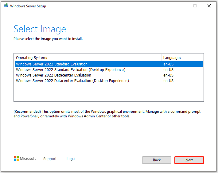 choose a Windows Server 2022 edition