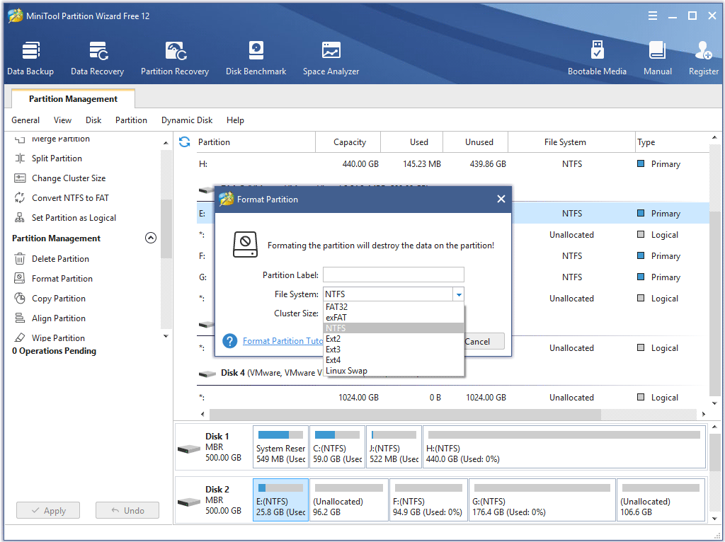 set partition label and file system and cluster size