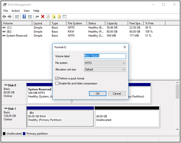 specify volume label and file system and allocation unit size