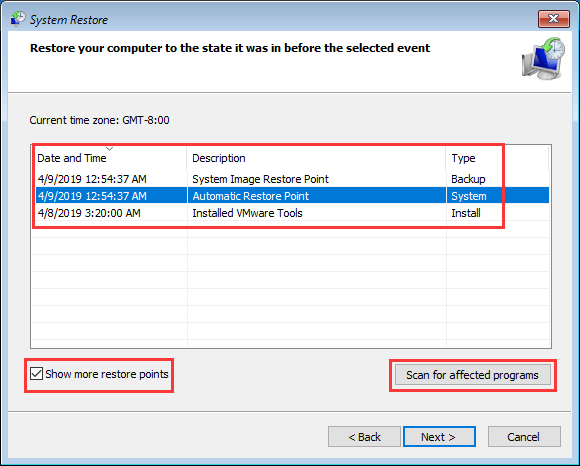 select restore point and click scan for affected programs