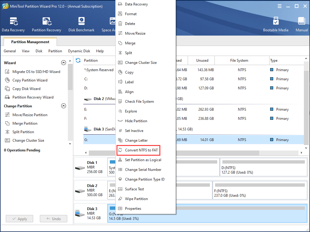 convert NTFS to FAT with MiniTool Partition Wizard