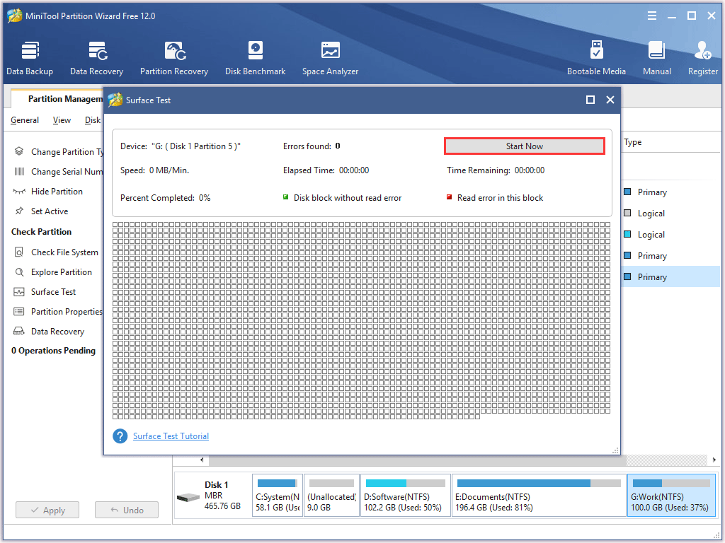 click the Start Now button to execute surface test