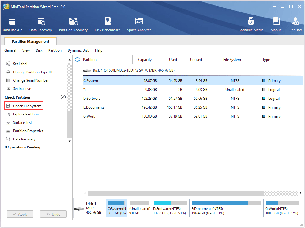 click Check File System from the left panel