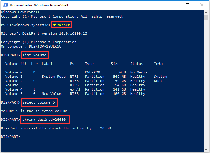 shrink volume in PowerShell