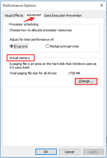 click Change button in the virtual memory area