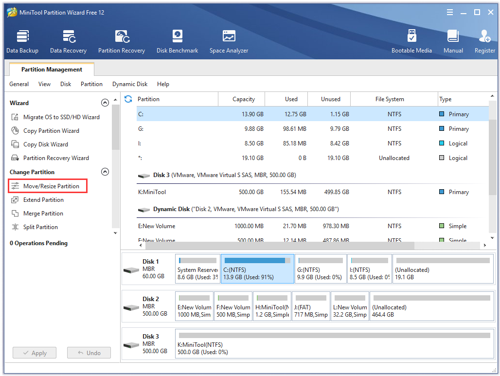 click the Move/Resize Partition feature on the left pane