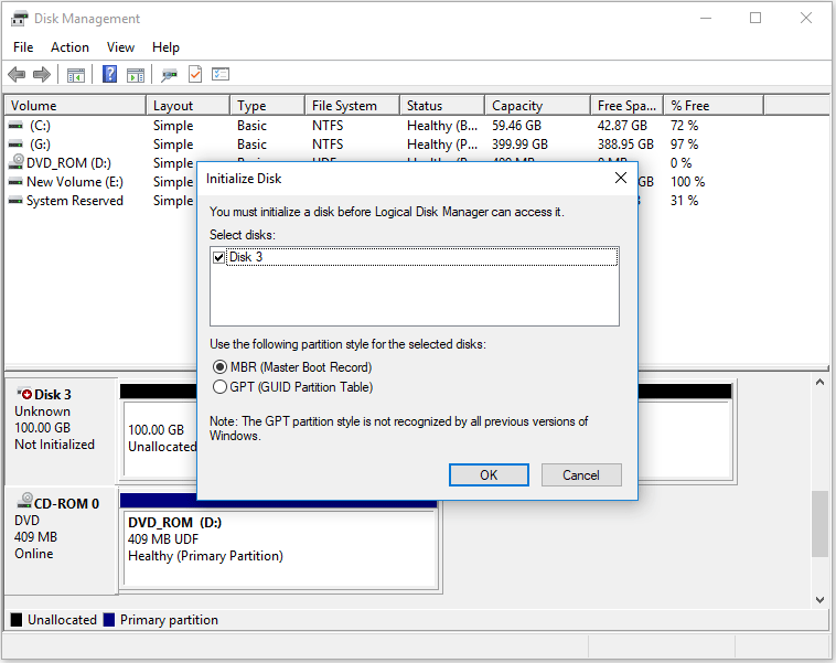 choose initialize disk to continue