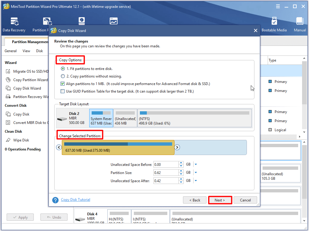 set copy options