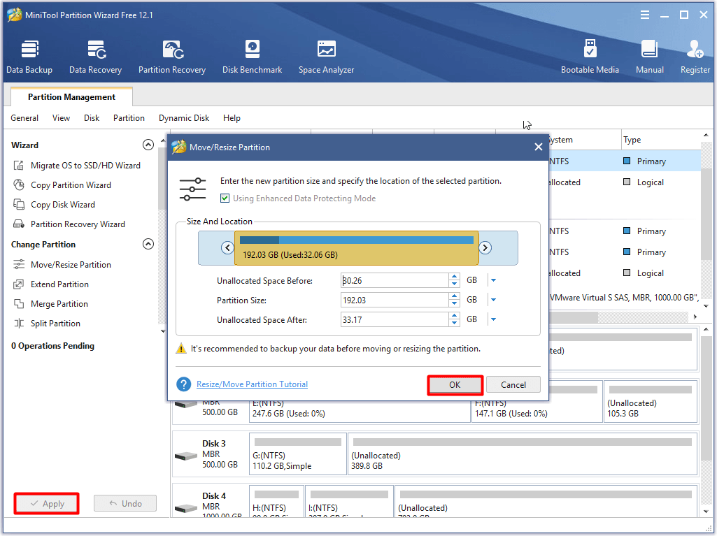 carry out the partition resize process