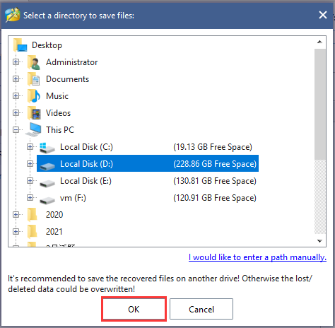 select a location to save the recovered file in MiniTool