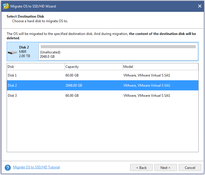 select a destination disk to migrate OS to