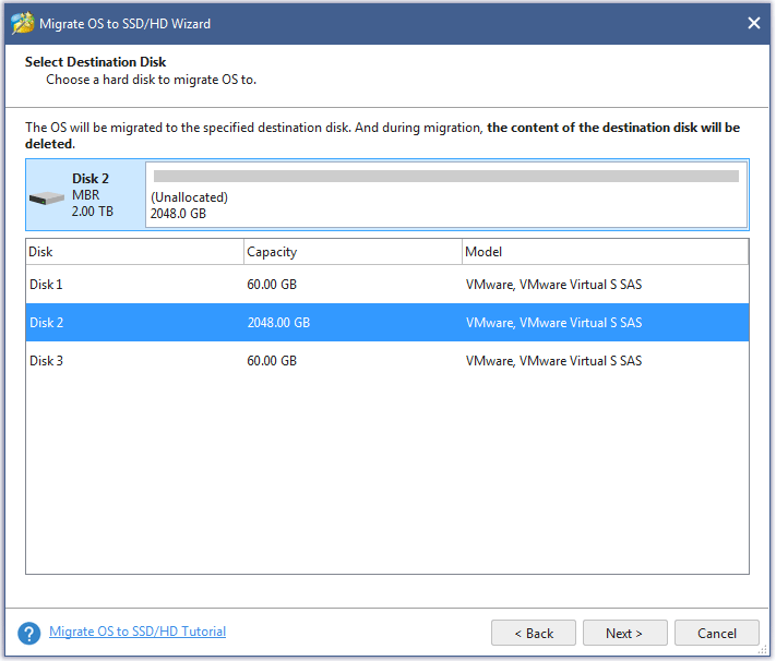 choose a hard disk to migrate OS to