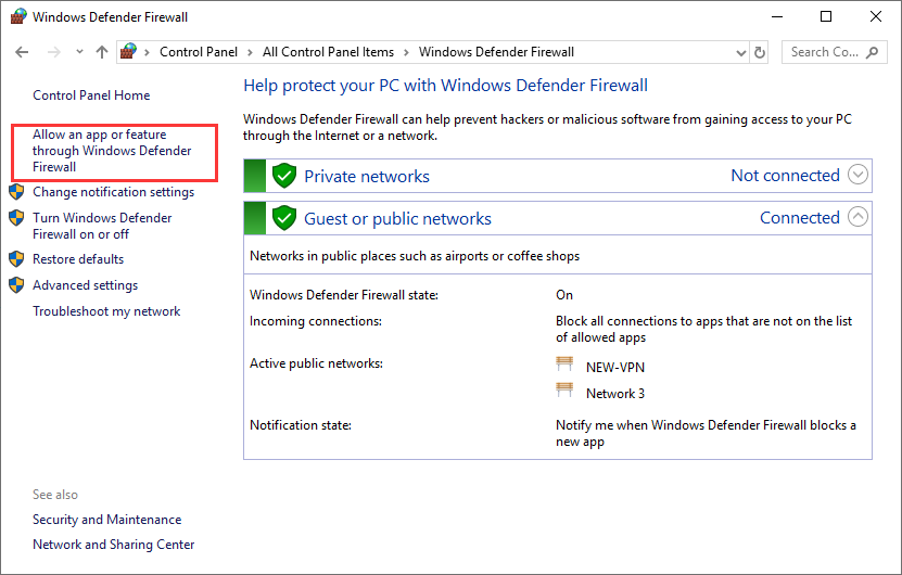 click Allow an app or feature through Windows Firewall