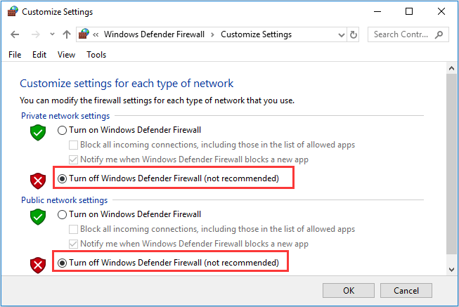 turn off Windows Defender Firewall