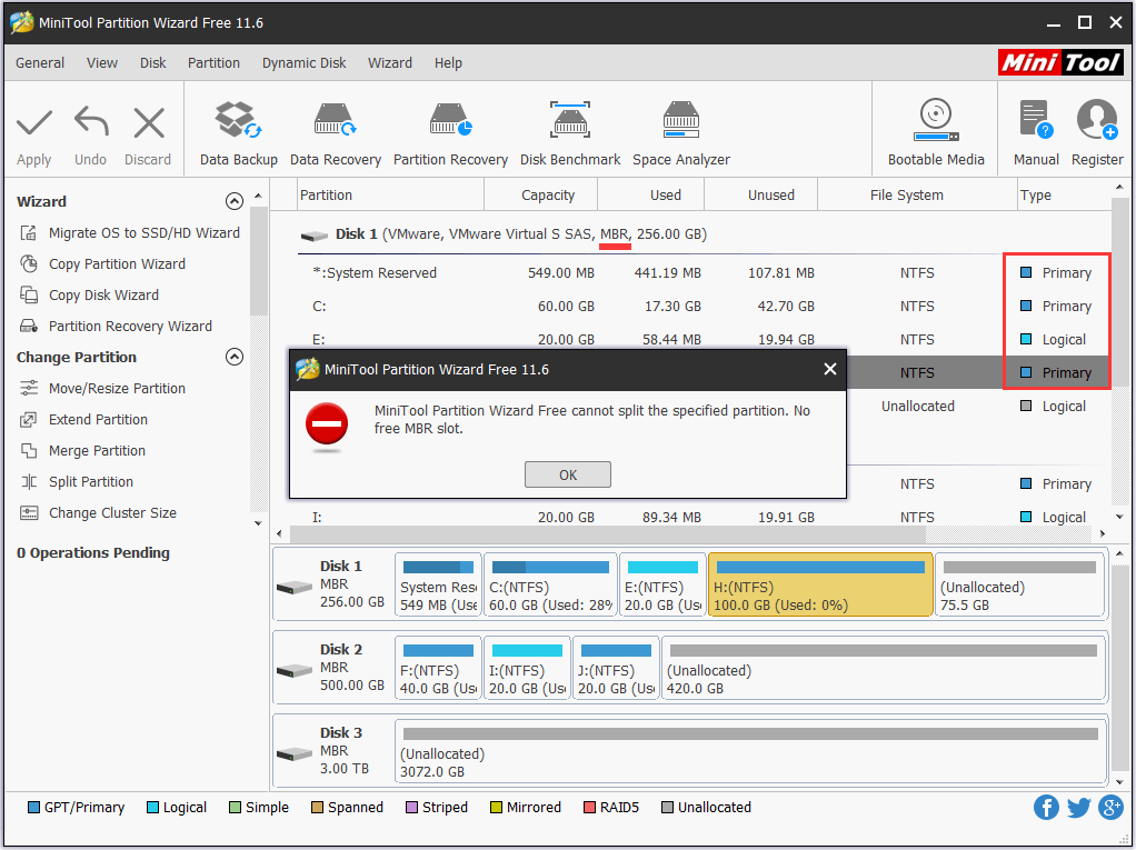 cant split primary partition after logical partition