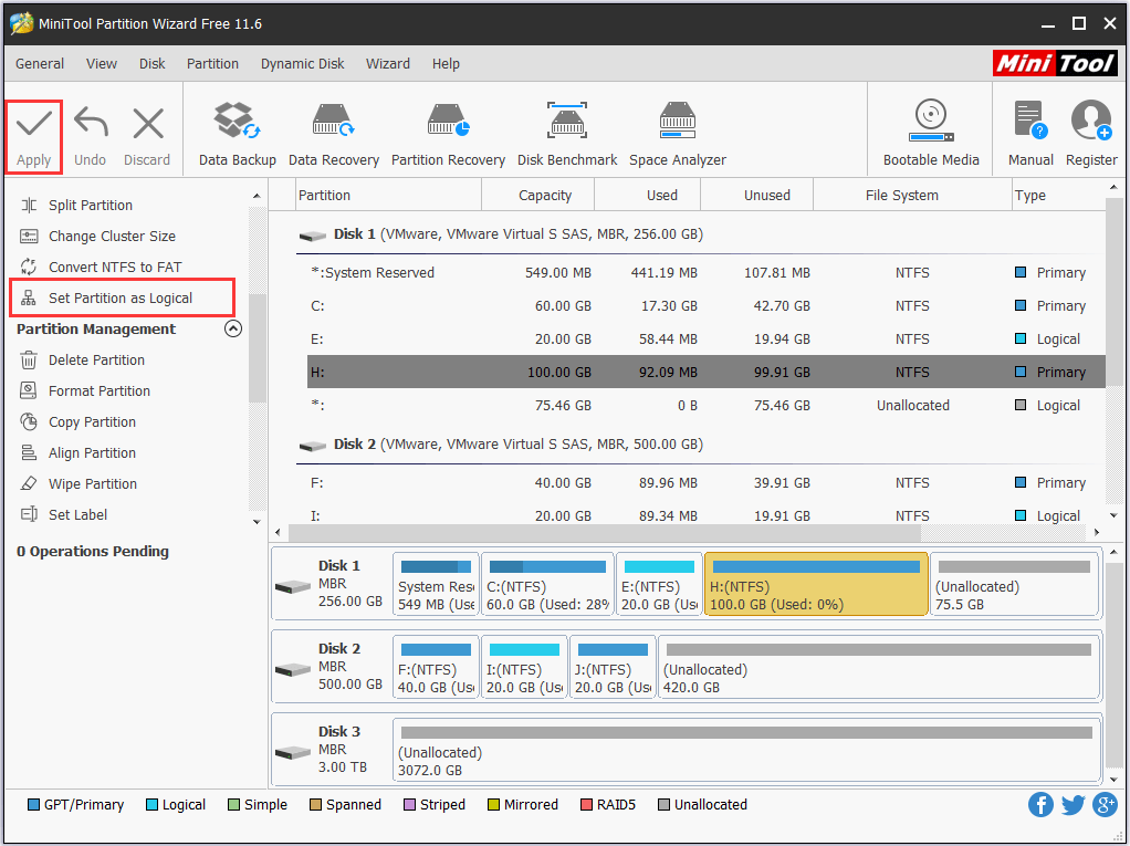 convert the partition between the logical and the unallcated to logical partition