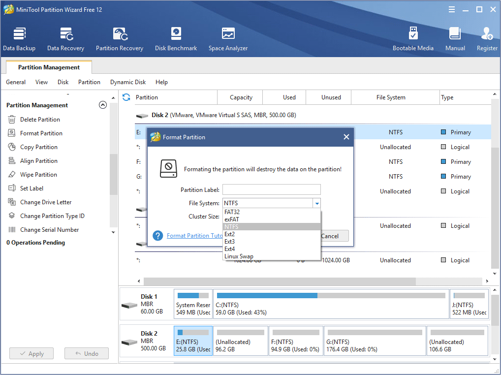 set partition label and file system and cluster size