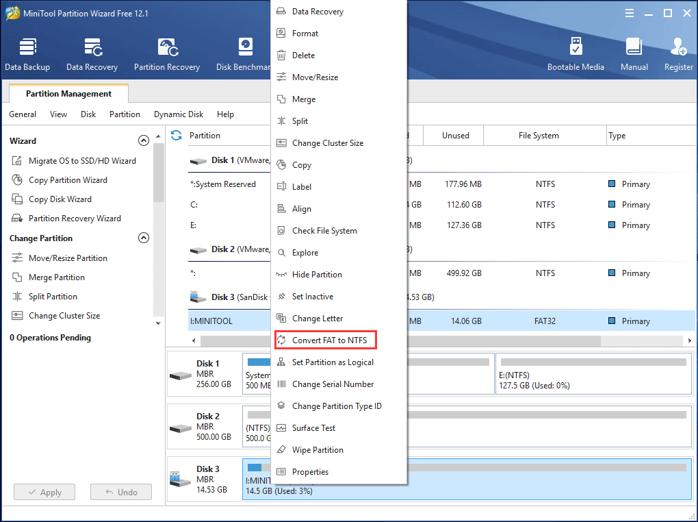 convert FAT to NTFS with MiniTool Partition Wizard