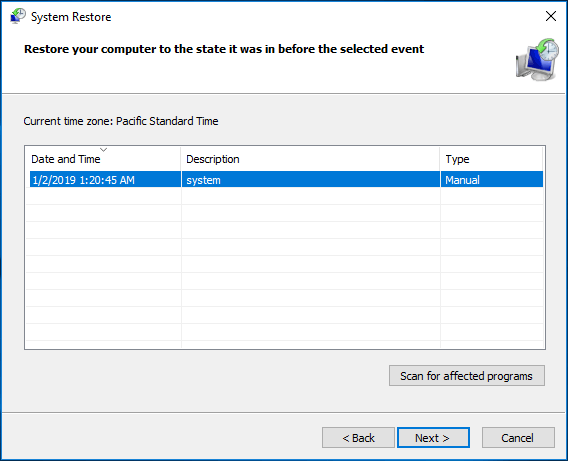 choose a restore point to restore