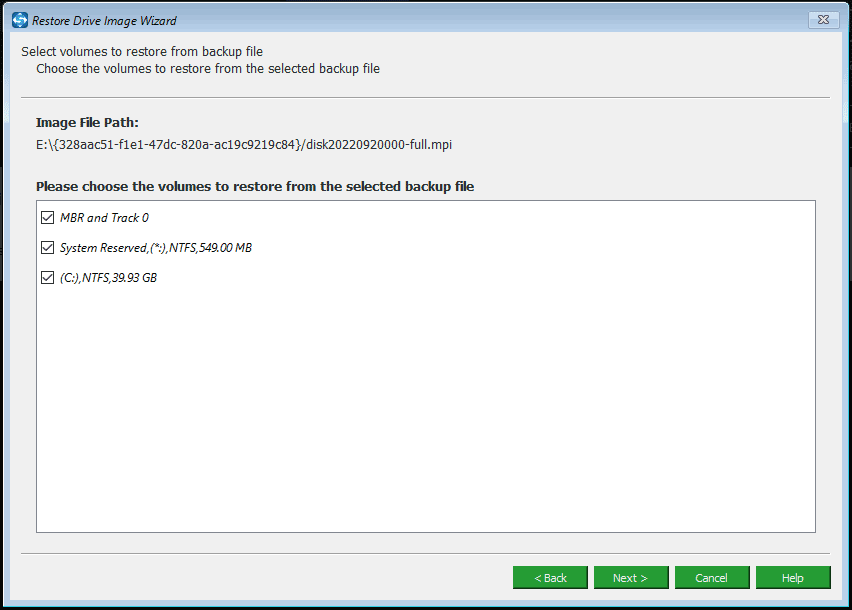 select volumes to restore from backup file