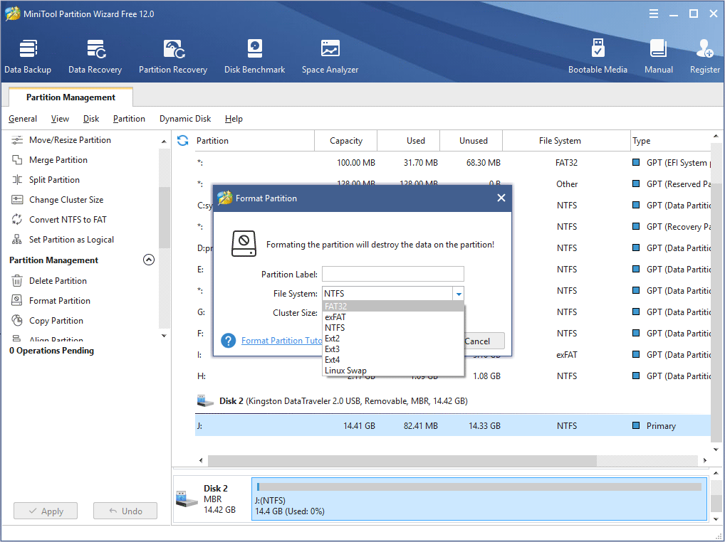 set partition label, file system and cluster size