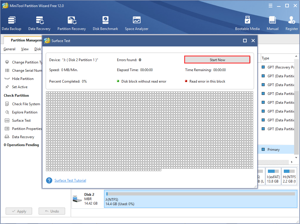 click Start Now to perform a surface test