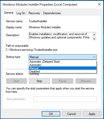 set the Startup type as Manual