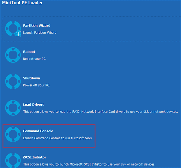 click Command Console on the MiniTool PE Loader window