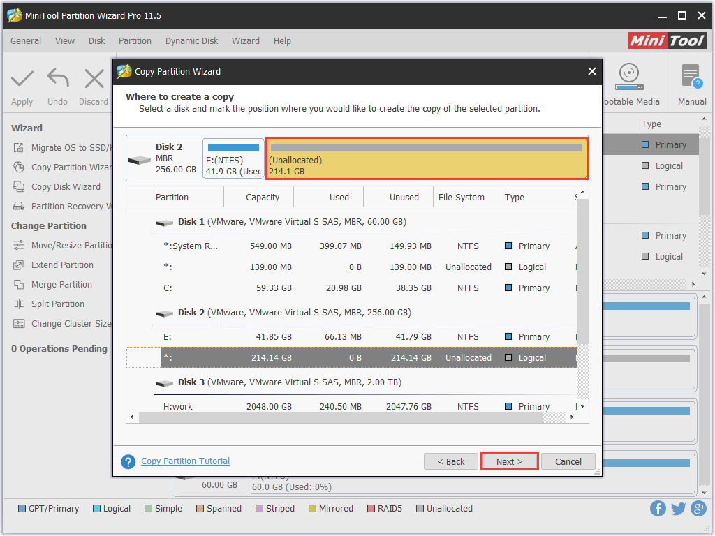 select the unallocated space