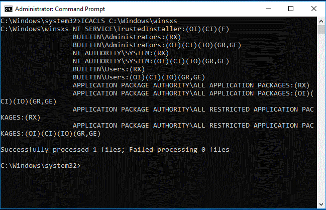 run ICACLS C:Windowswinsxs command in the pop-up window