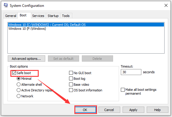 check Safe boot and click Ok