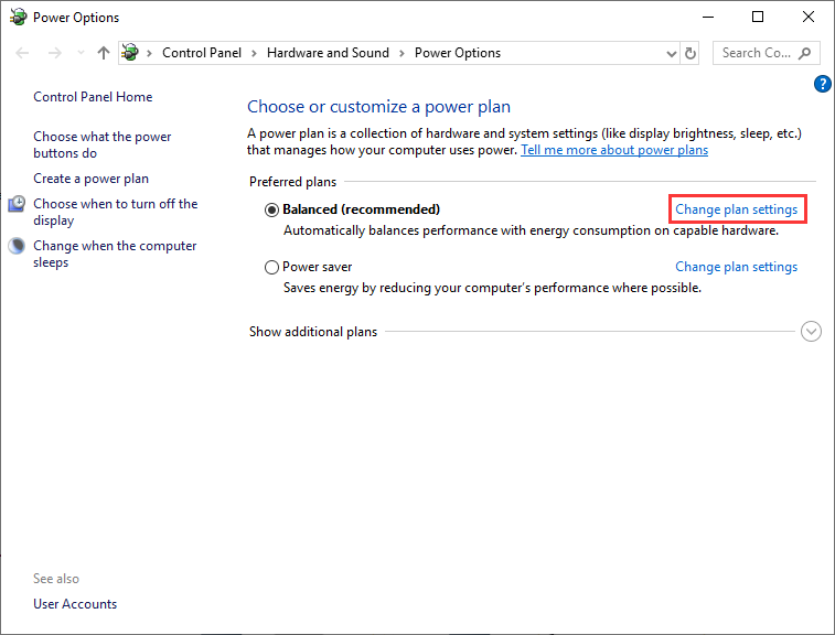 click change plan setting