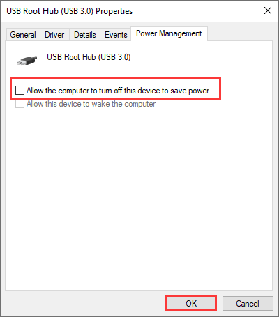 uncheck the option Allow the computer to turn off this device to save power