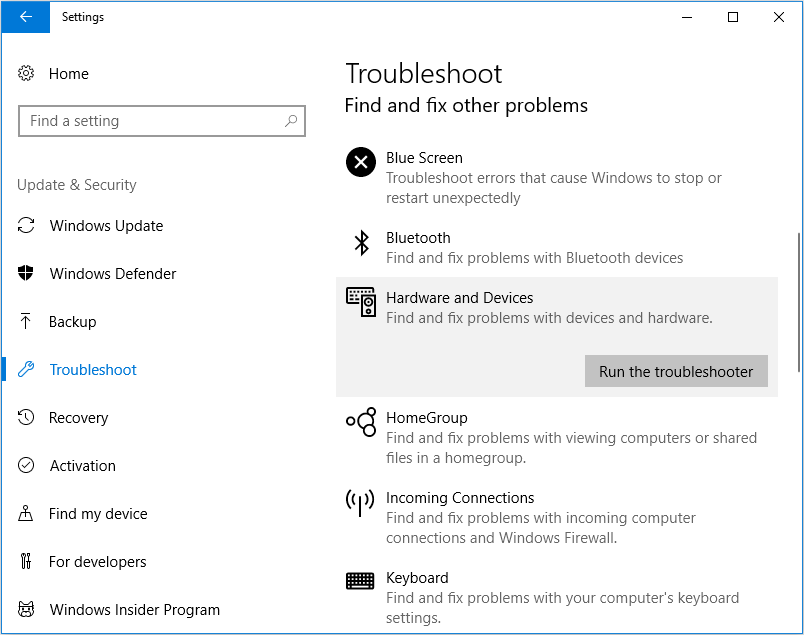 run Hardware and Devices troubleshooter