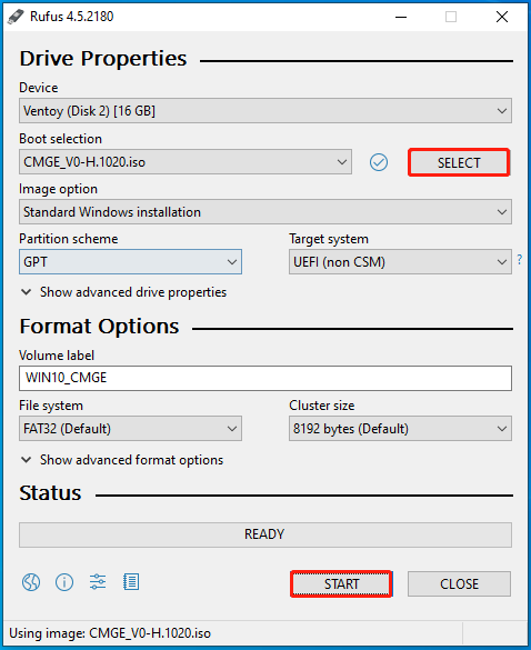 create bootable USB drive via Rufus