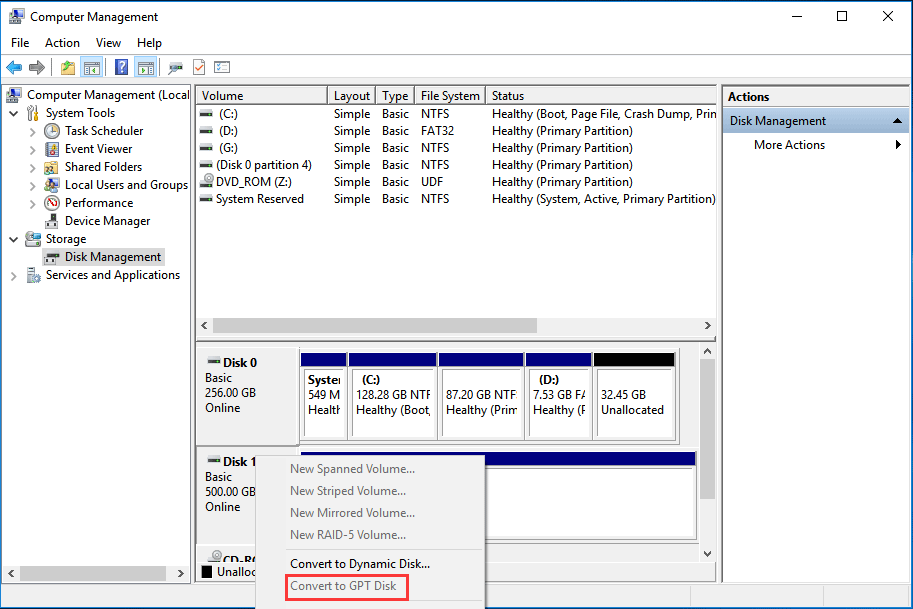 convert to GPT disk in Windows 10 Disk Management