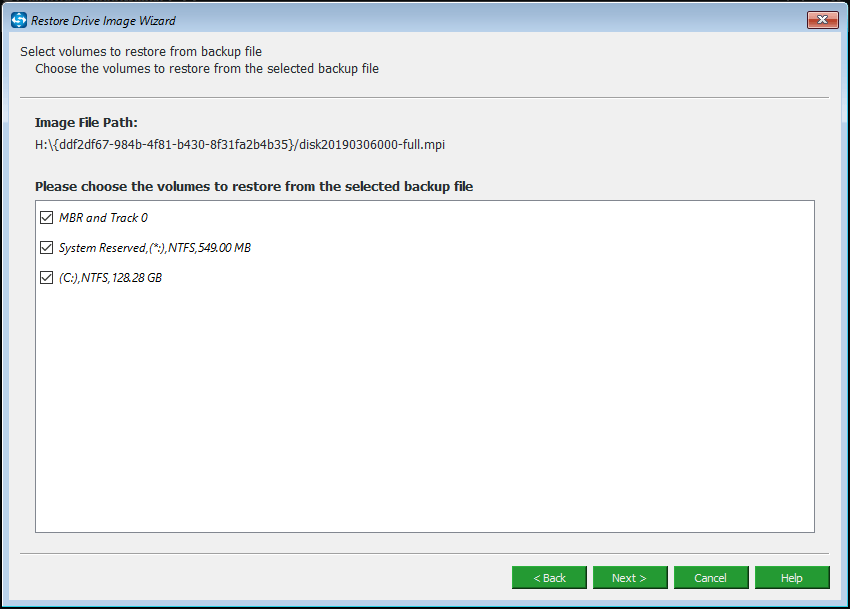 choose partitions from the selected backup file